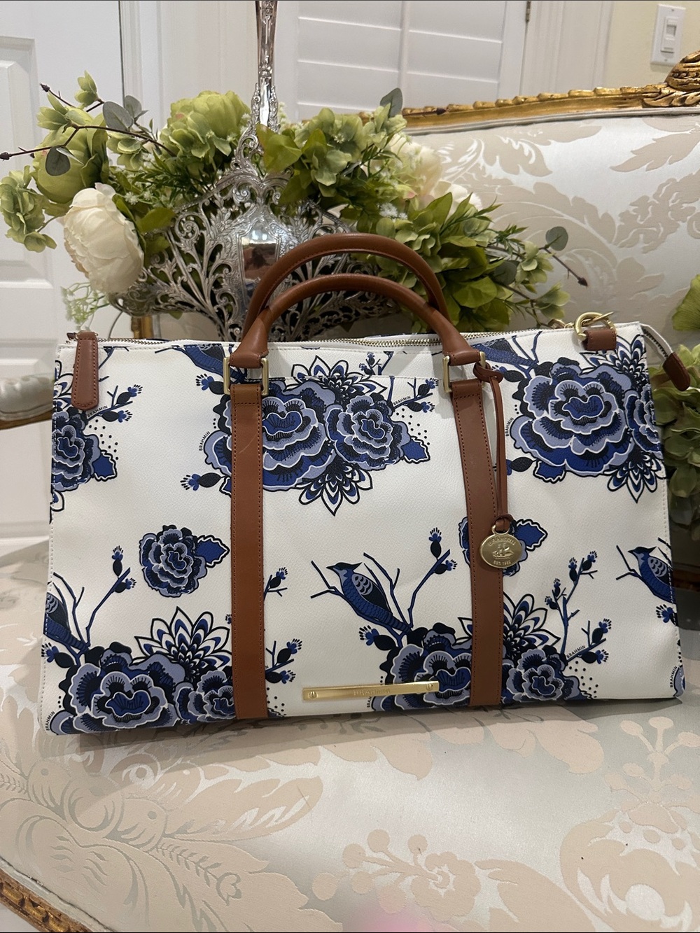 NWOT Brahmin,leather weekender Duxbury, travel bag, Delft blue and white floral